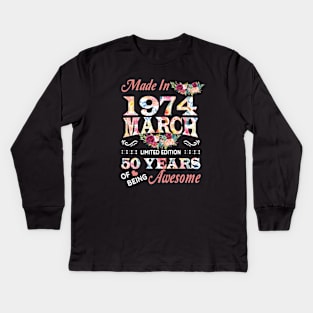 March Flower Made In 1974 50 Years Of Being Awesome Kids Long Sleeve T-Shirt